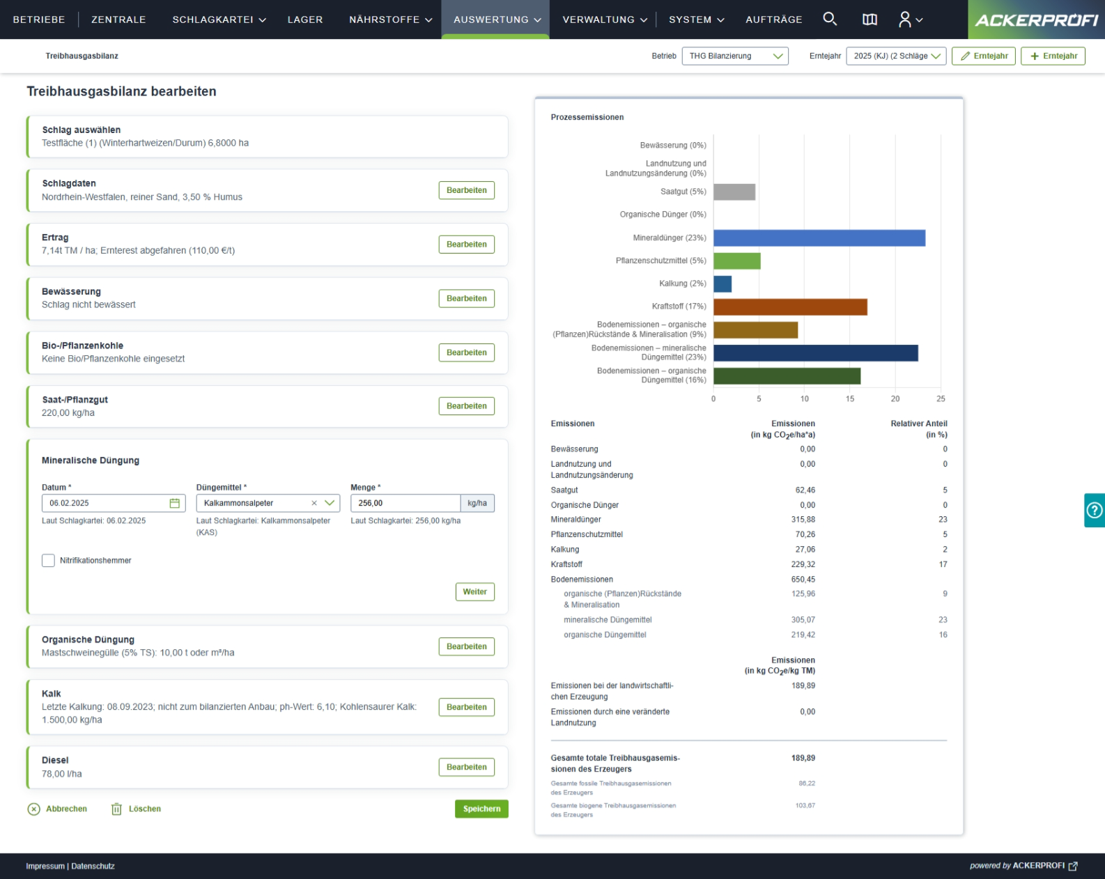 Ansicht der Treibhausgasbilanz in Ackerprofi
